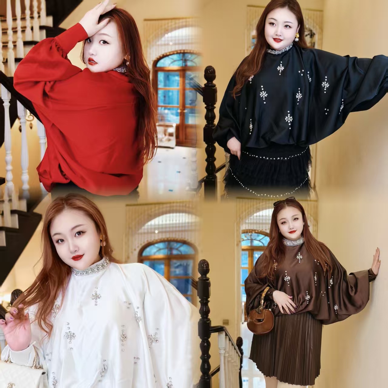 【天使堡】钻石家大码轻奢钉钻蝙蝠袖长袖衬衫上衣 DCY2565