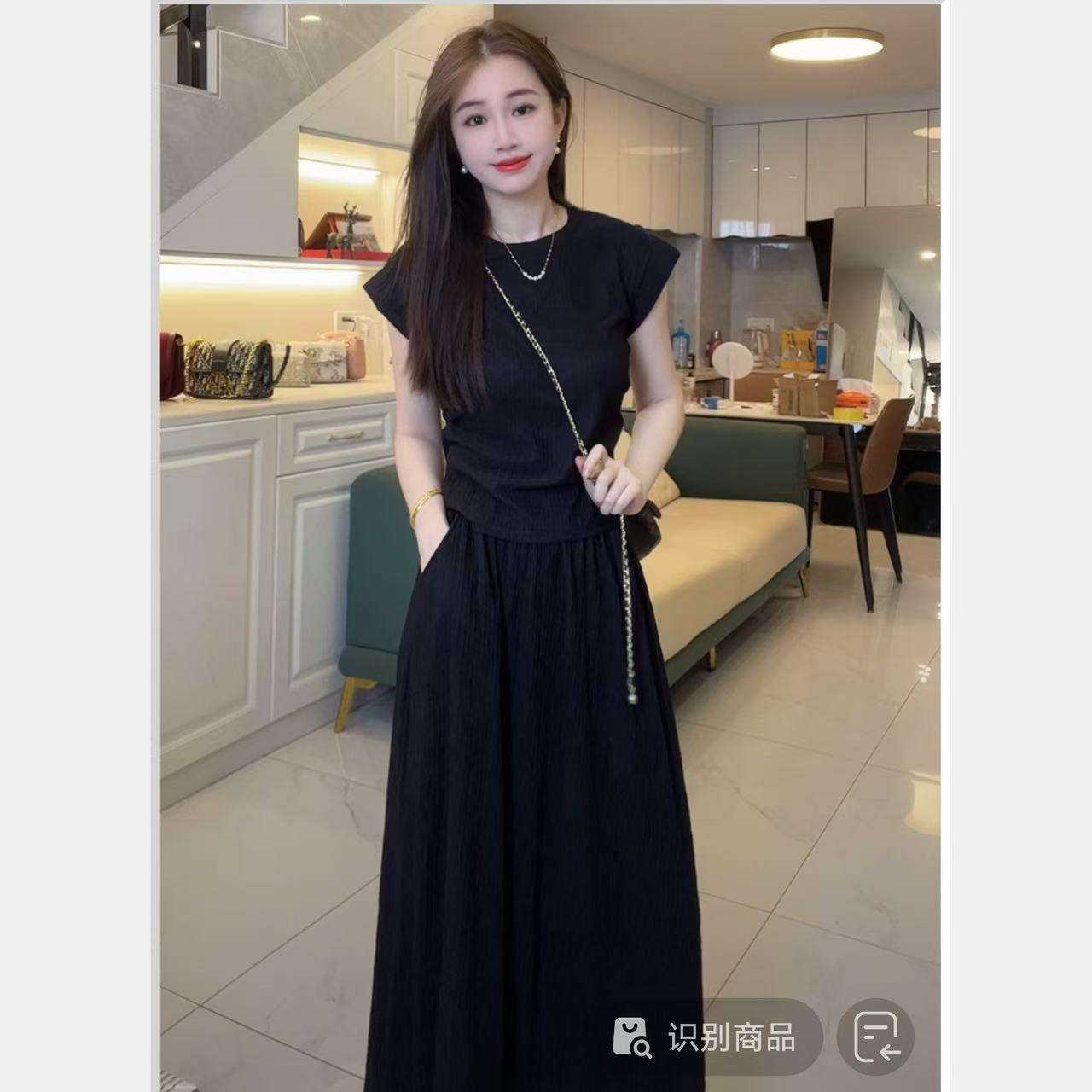 上衣+半身裙/夏季新款休闲套装女简约洋气宽松气质显瘦褶皱两件套