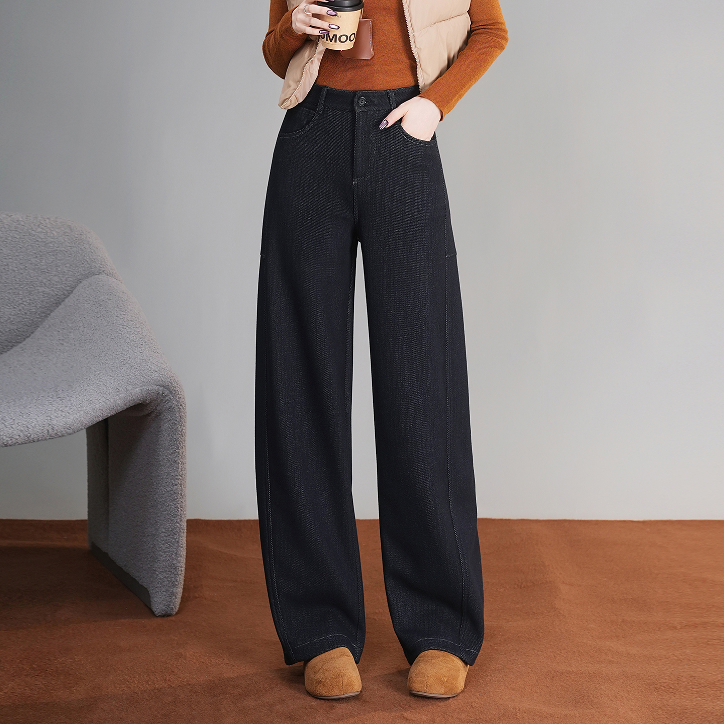 单宁色气质长裤毛呢窄版显瘦直筒冬季保暖垂感遮肚子阔腿裤百搭