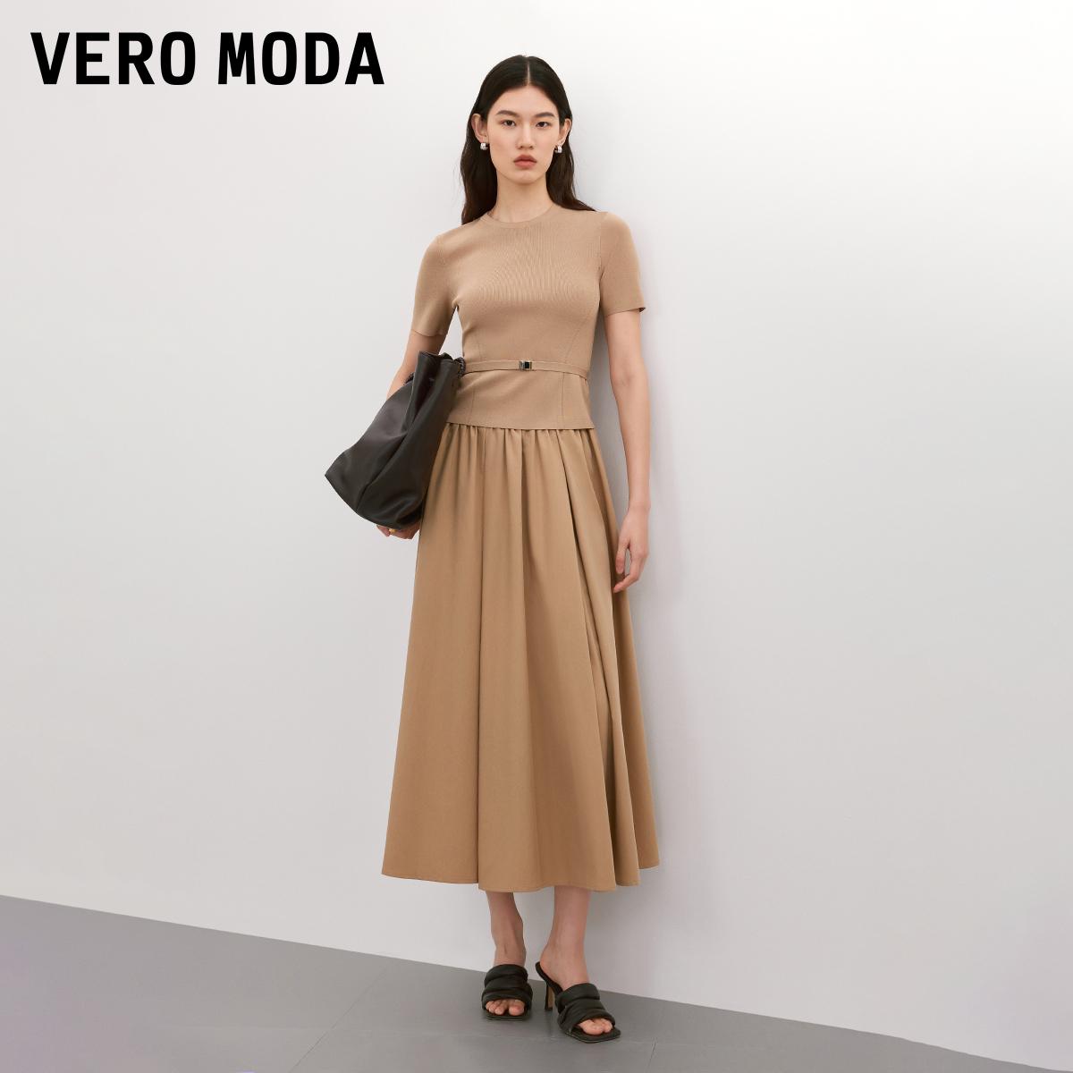 Vero Moda半身裙2025夏季莫代尔纯色高腰长款百褶裙甜美可爱风格
