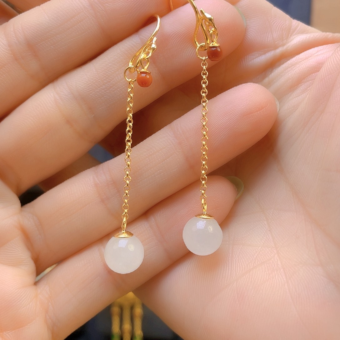 和田玉耳饰银S925镀金镶嵌