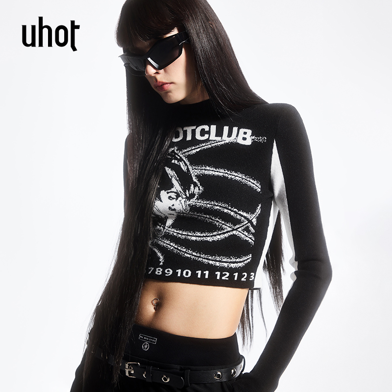UHOT/诱货黑白色提花修身显瘦秋季高领打底衫女亲肤保暖UWFW2Z110