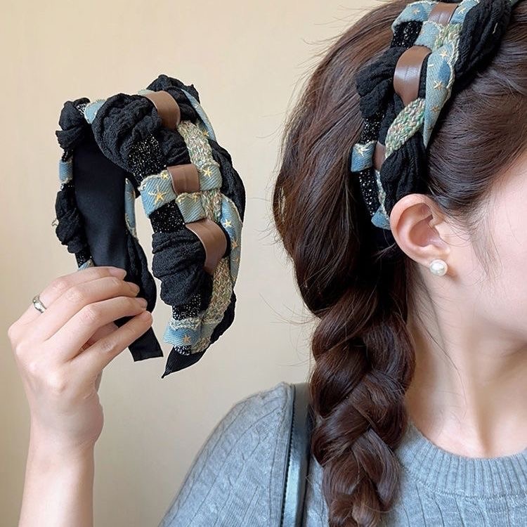 2025新款高颅顶星星同款发箍牛仔流行时尚发卡配饰编制麻花复古款