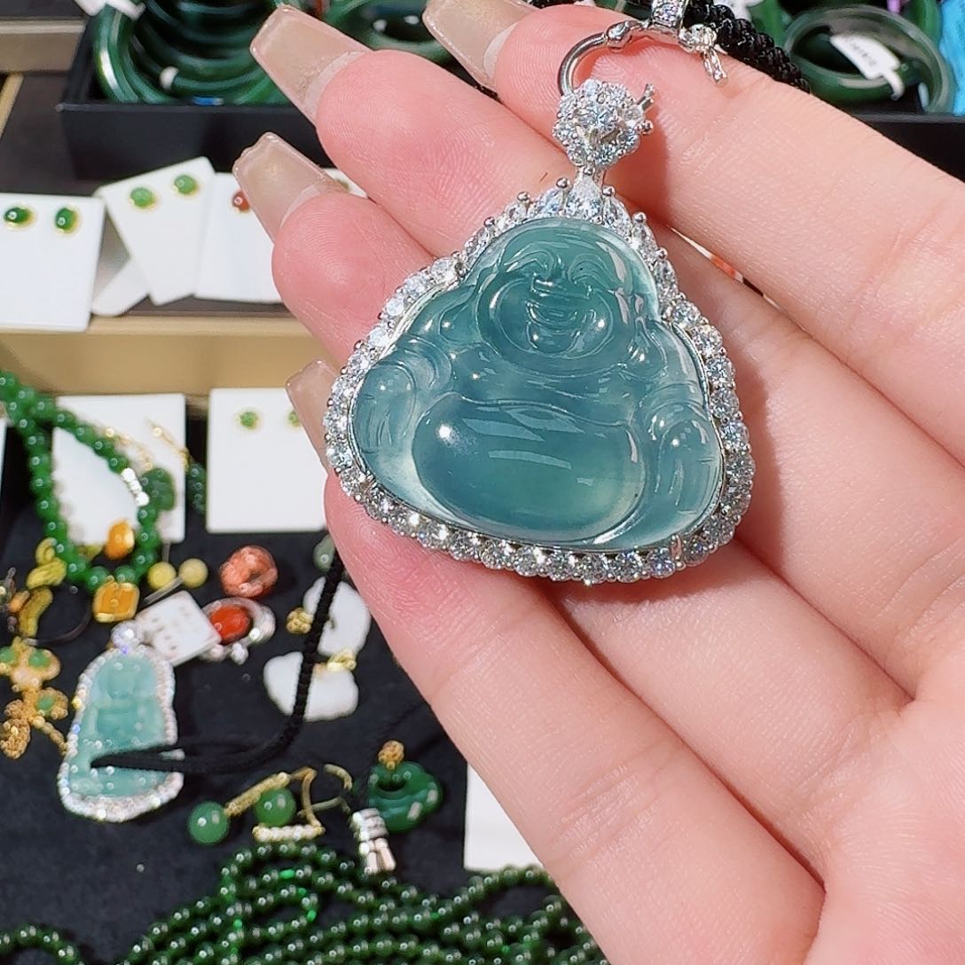 翡翠颈饰银S925镶嵌大号冰佛公