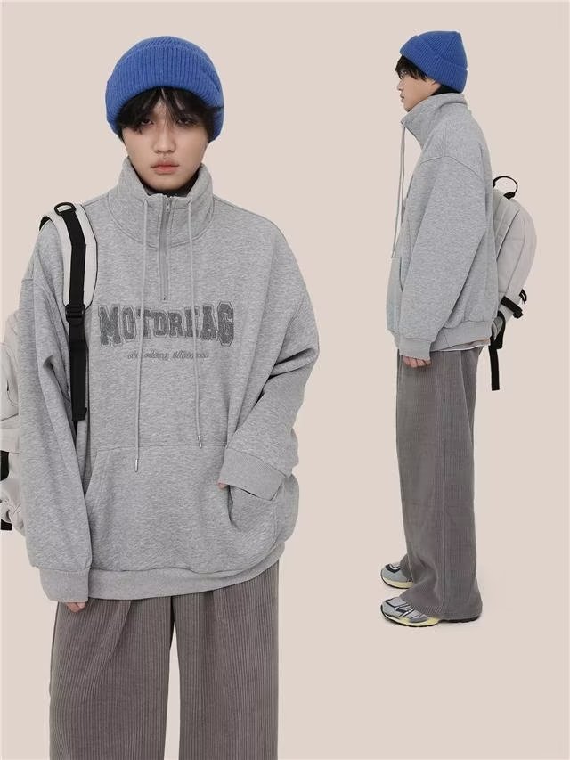 2025秋冬美式街头字母加绒半拉链高领卫衣女潮牌宽松休闲情侣外套