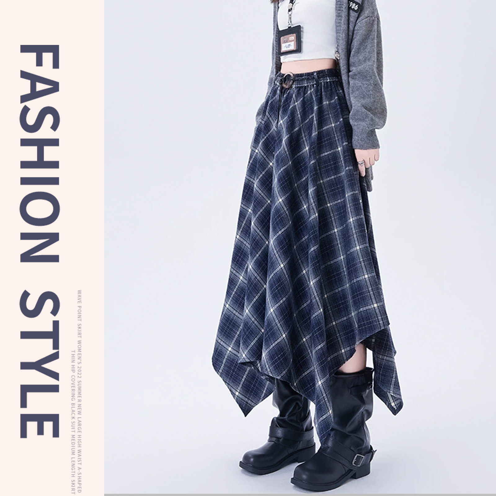 复古美拉德不规则设计格纹半身裙女秋季高腰a字显瘦韩系格子长裙