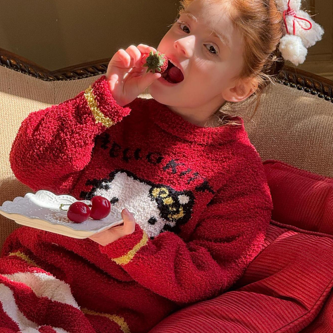 韩系童装2025冬季新款女童家居服红色半边绒卡通可爱睡衣套