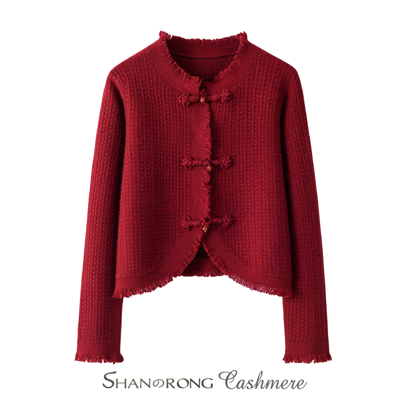 东方画壁100%纯山羊绒盘扣流苏羊绒开衫新中式国风复古针织外套