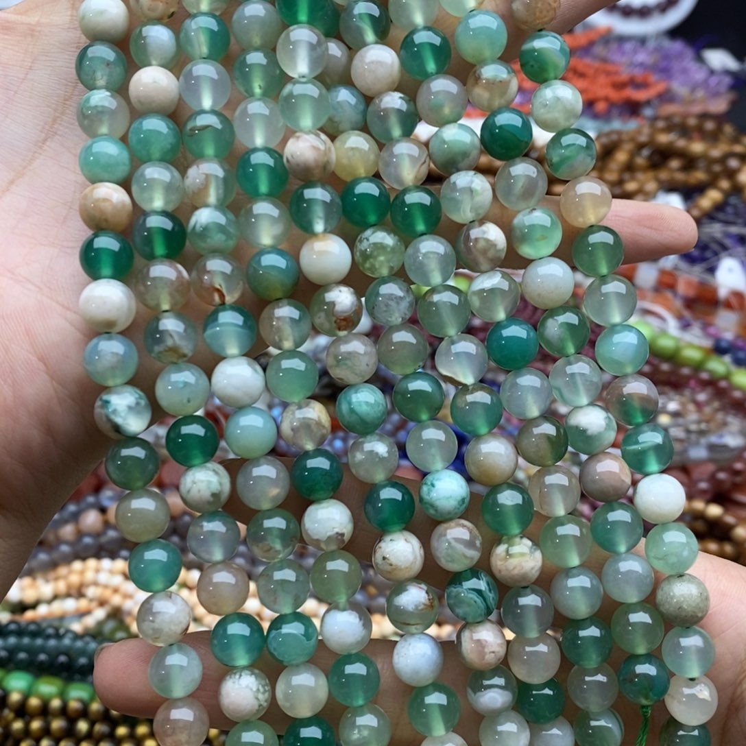 未镶嵌玛瑙/玉髓珠宝半成品一条纯天然绿樱花玛瑙圆珠8mm