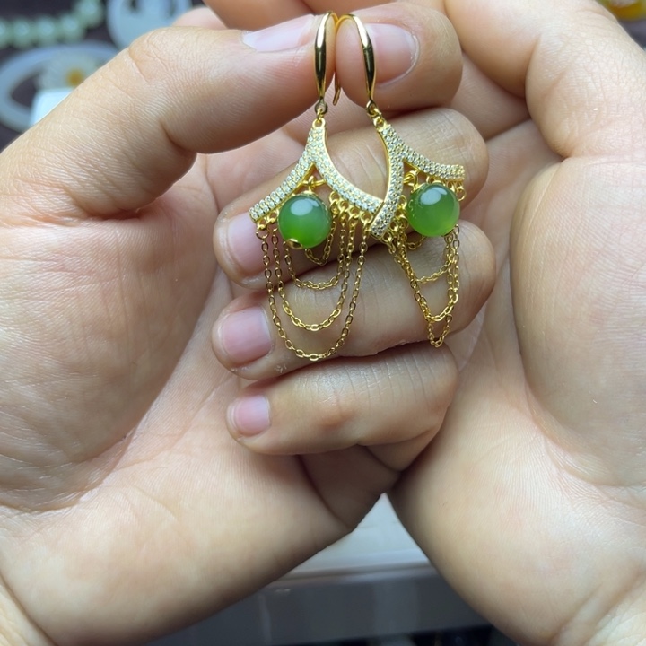 和田玉耳饰银S925镀金镶嵌