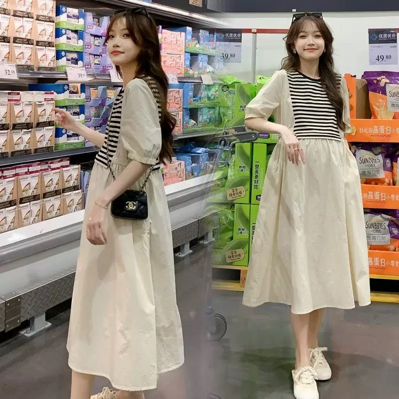 孕妇装夏季新款时尚简约中长款孕妇连衣裙条纹撞色宽松显瘦孕妇裙