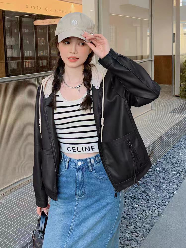 针织连帽棕色皮衣外套女春秋2025新款高级感爆款pu皮夹克小个子