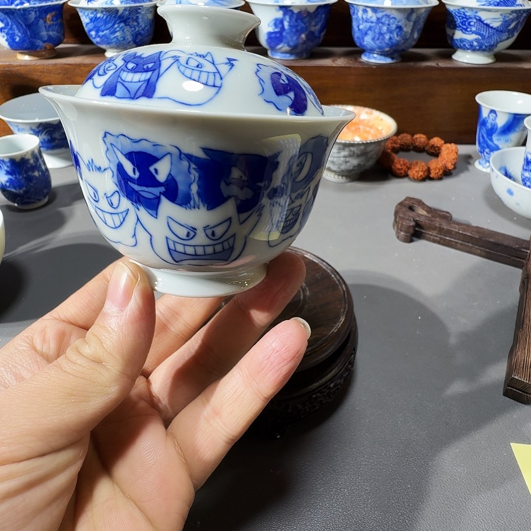 泥塑盖碗手工手绘微微瑕