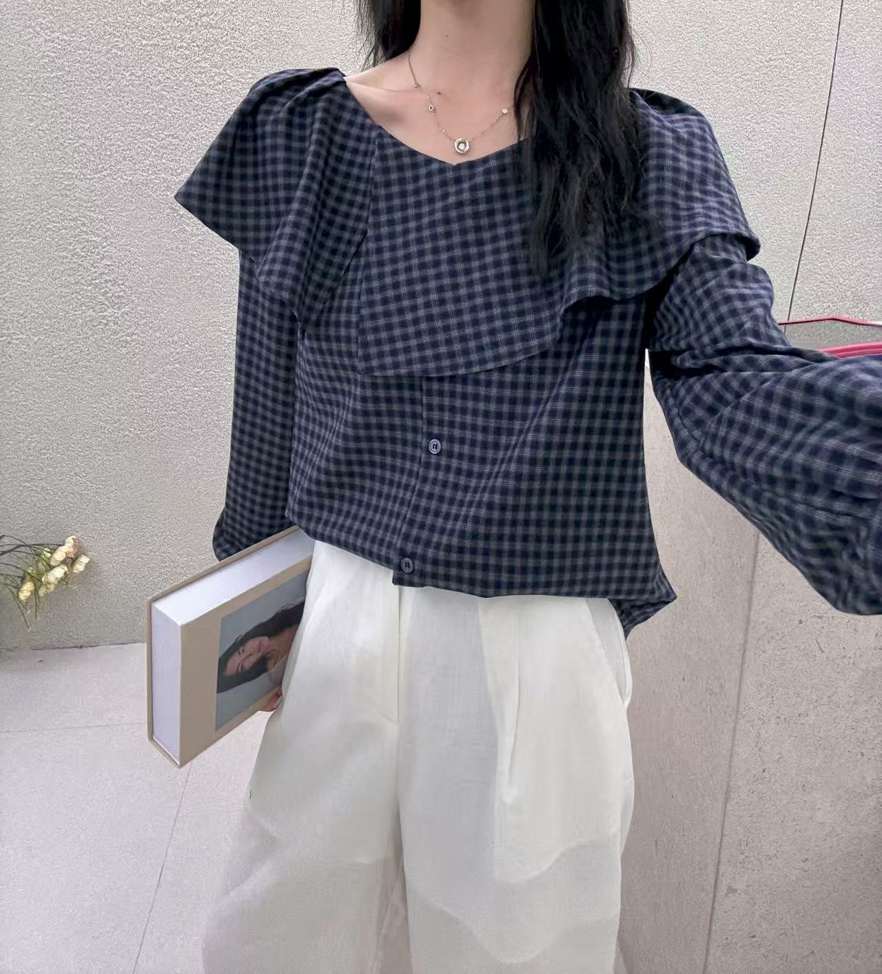 依恋家，荷叶边翻领格子衫衣