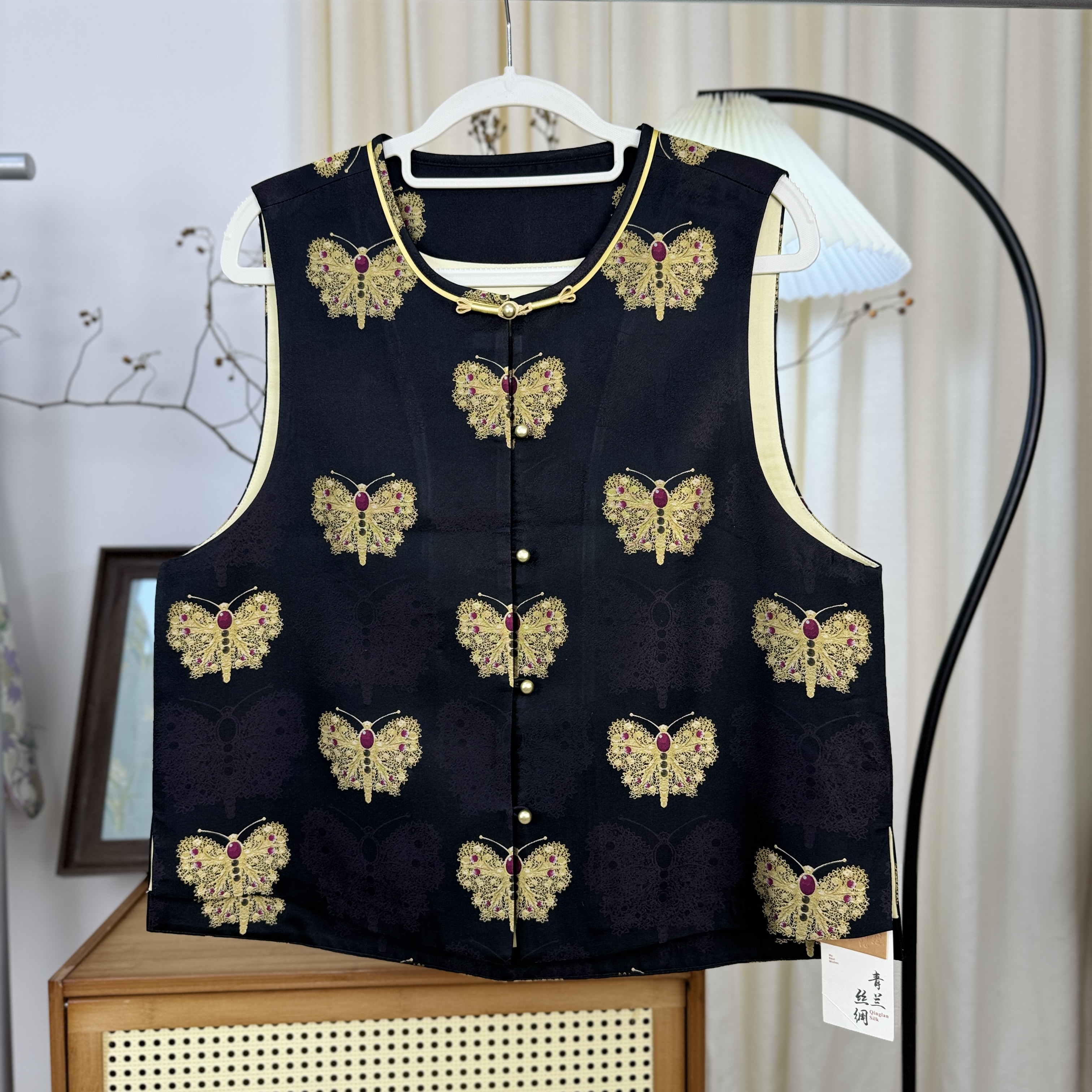 黑金蝴蝶桑蚕丝宋锦马甲复古中式中国风网红