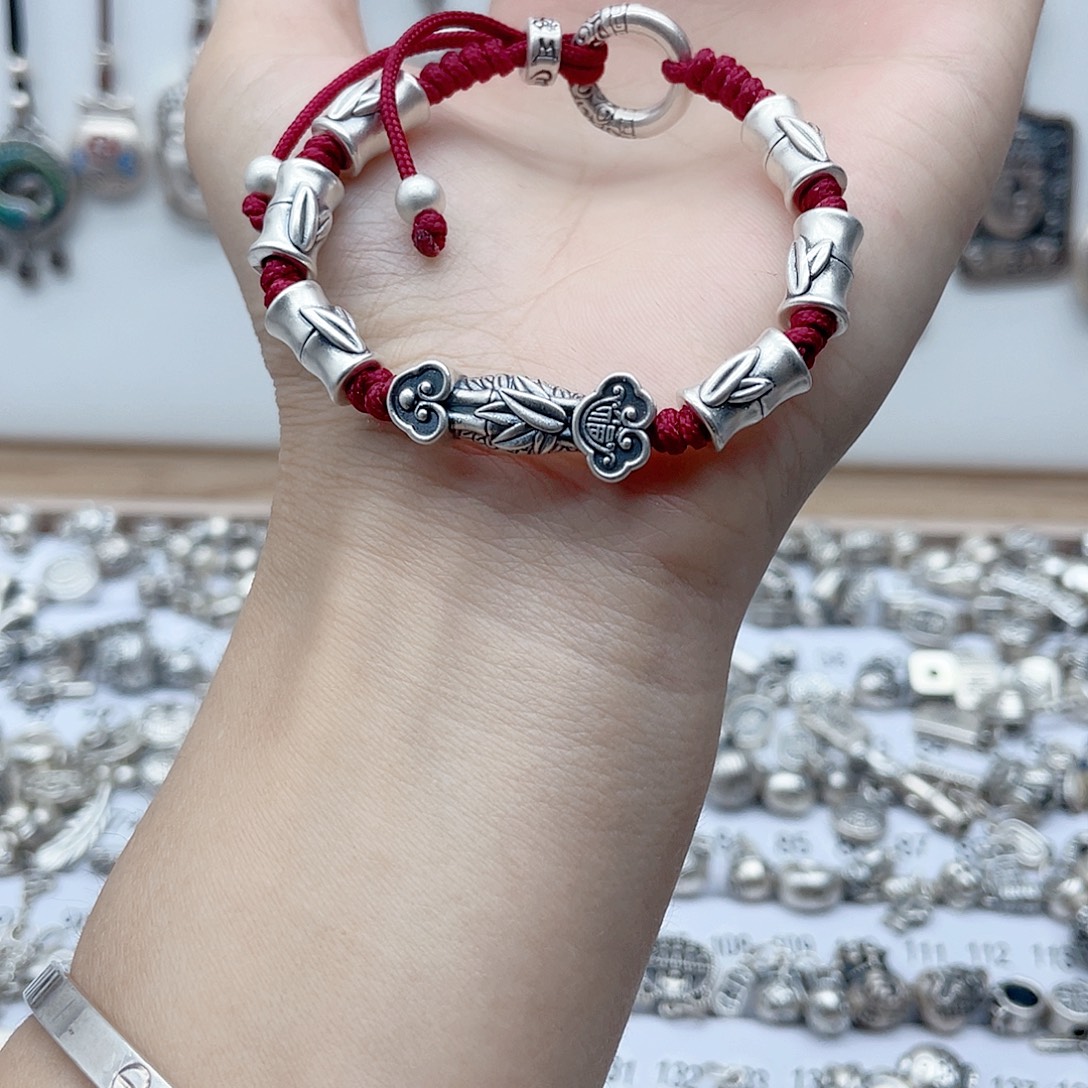 皮质足银如意竹节手链足银