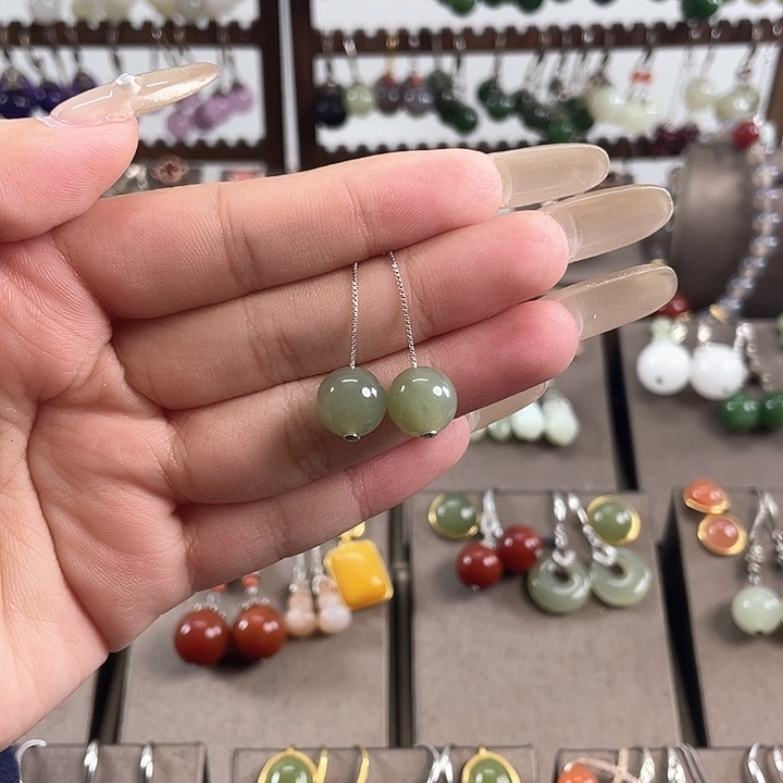 和田玉耳饰银S925镶嵌10左右耳线