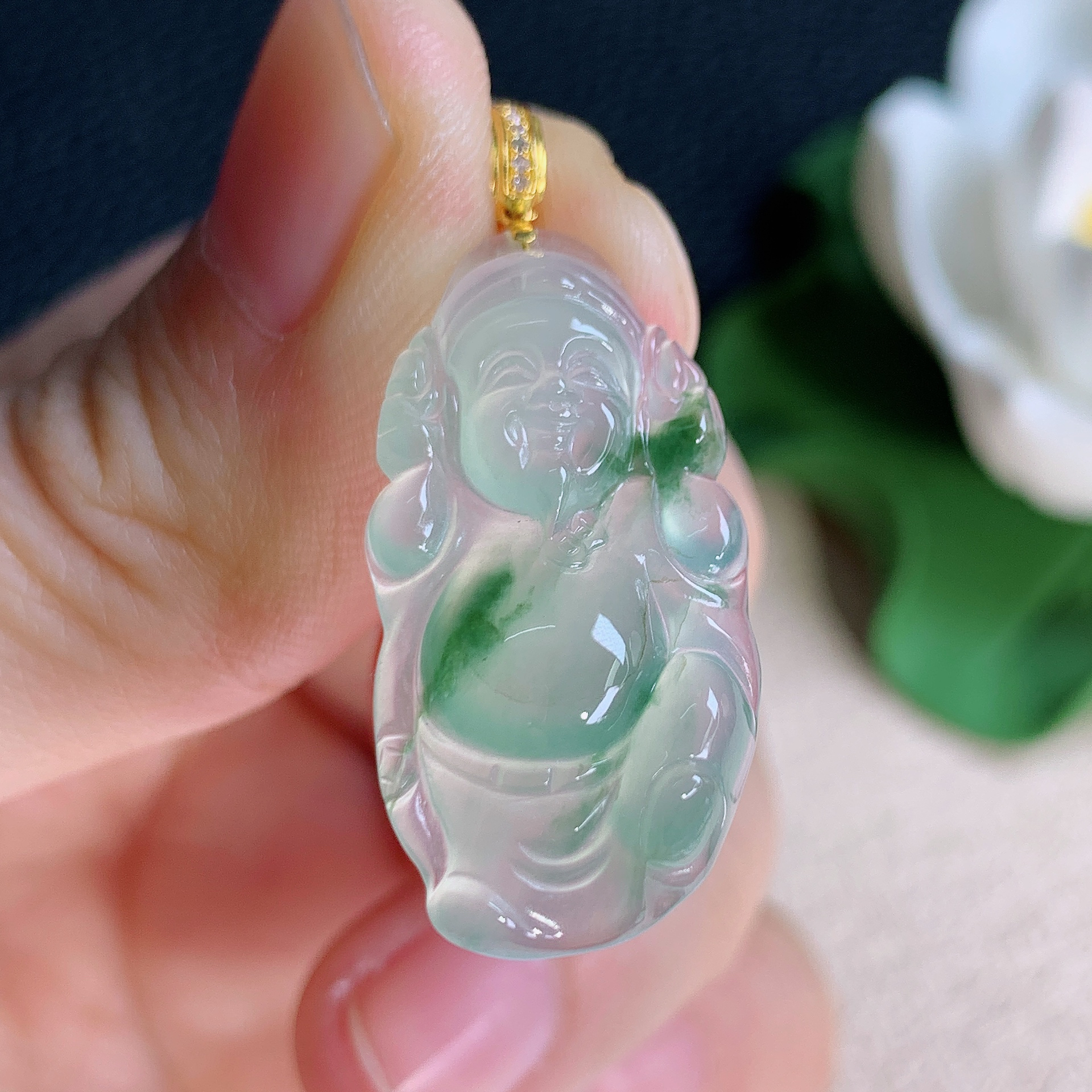 缅甸天然翡翠A货老坑冰种飘花财神吊坠精品时尚气质29.8*15*4.8