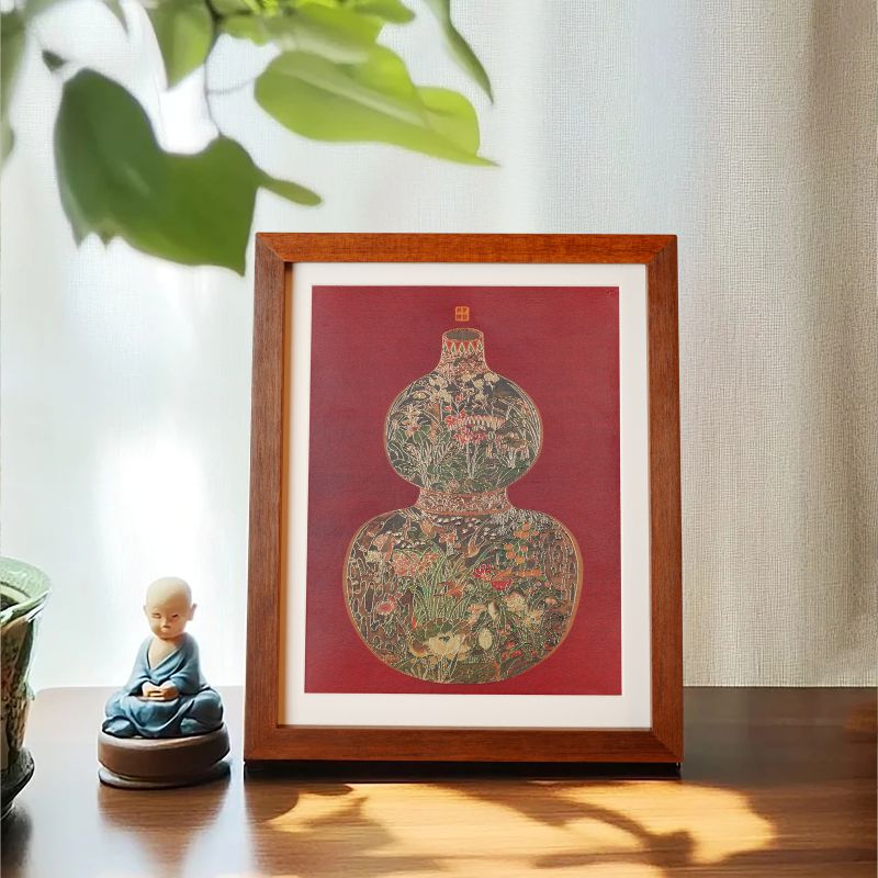 致绘描金《进宝葫芦》中国风装饰画摆件红色葫芦桌面摆台