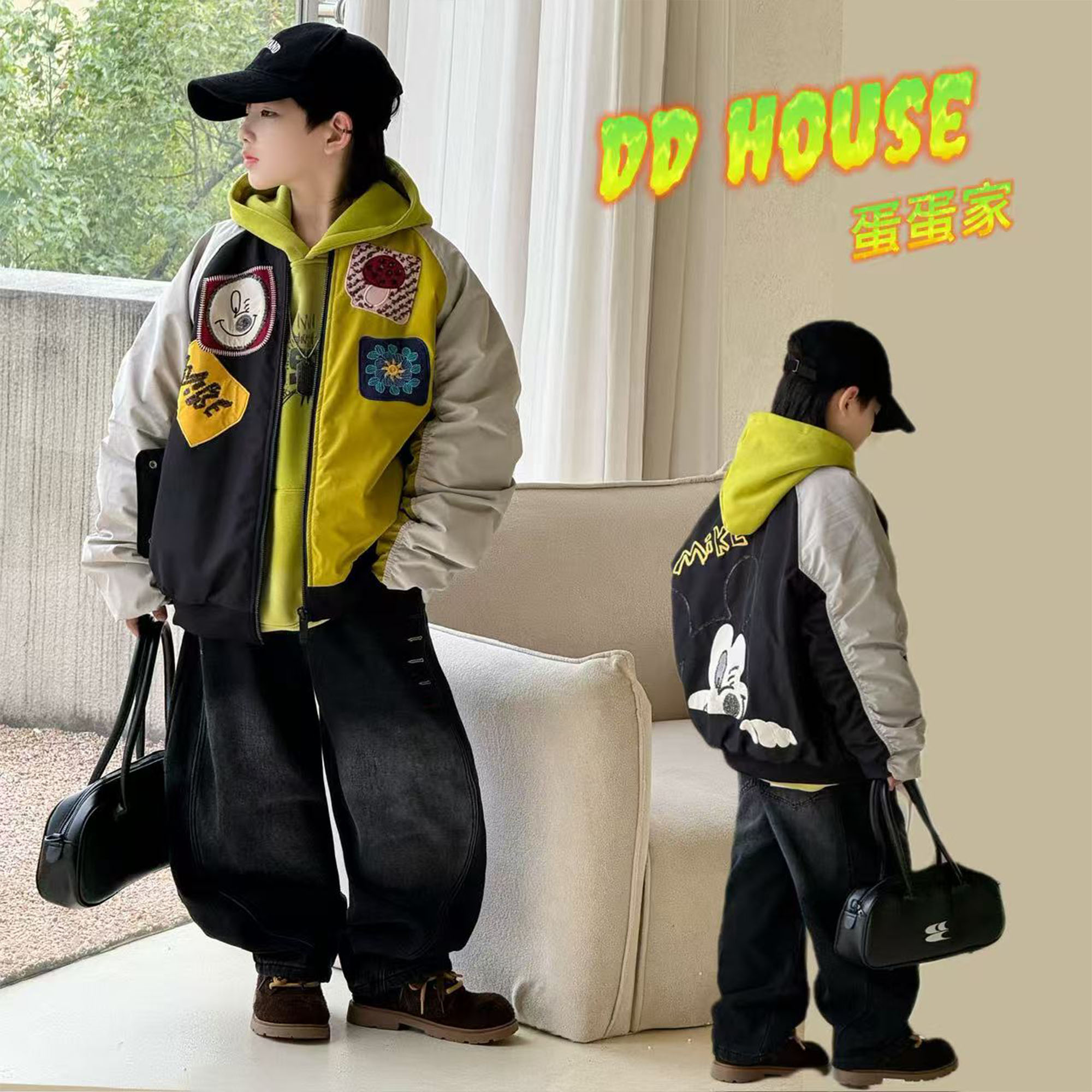 蛋蛋家【撞色卡通】25326冬季新款洋气黑绿撞色米奇外套