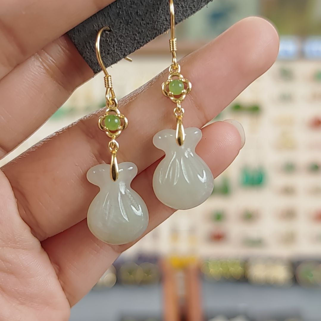 和田玉耳饰银S925镀金镶嵌耳饰