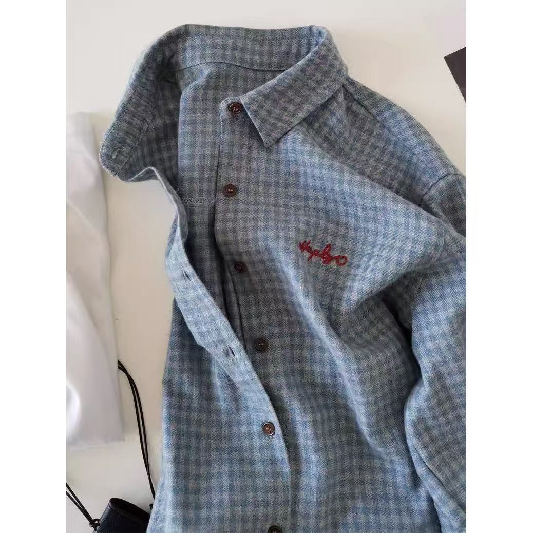 韩系蓝色格子刺绣Polo领衬衫外套女春秋外搭磨毛衬衣宽松翻领上衣