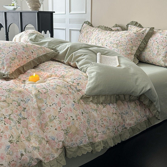 秋冬加厚全棉法式复古风花边磨毛四件套三件套亲肤保暖宿舍韩式