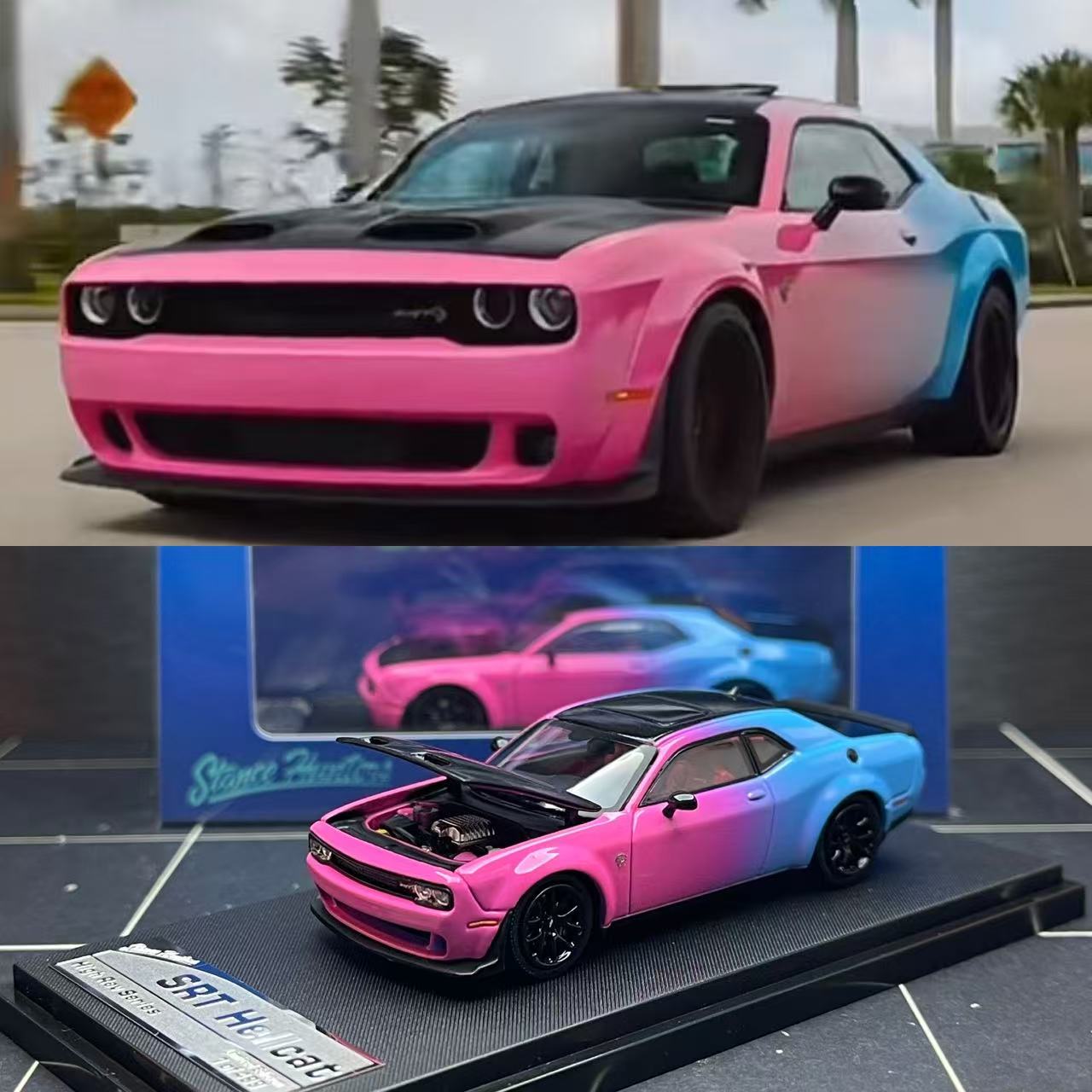 米国定制版SH 1：64挑战者地狱猫合金可开机盖汽车模型