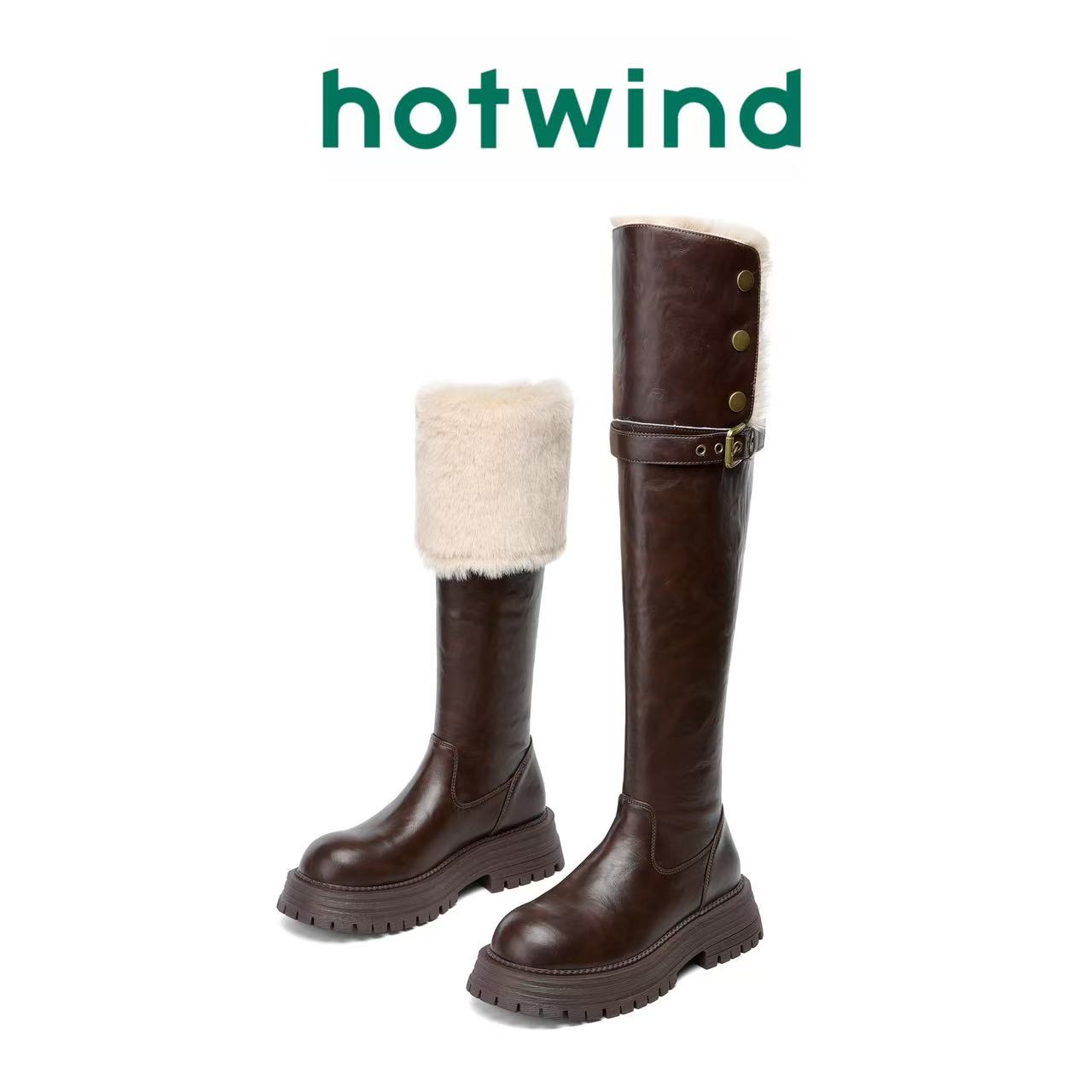 Hotwind/热风冬季上新时尚小众堆堆靴复古厚底防滑气质百搭时装靴