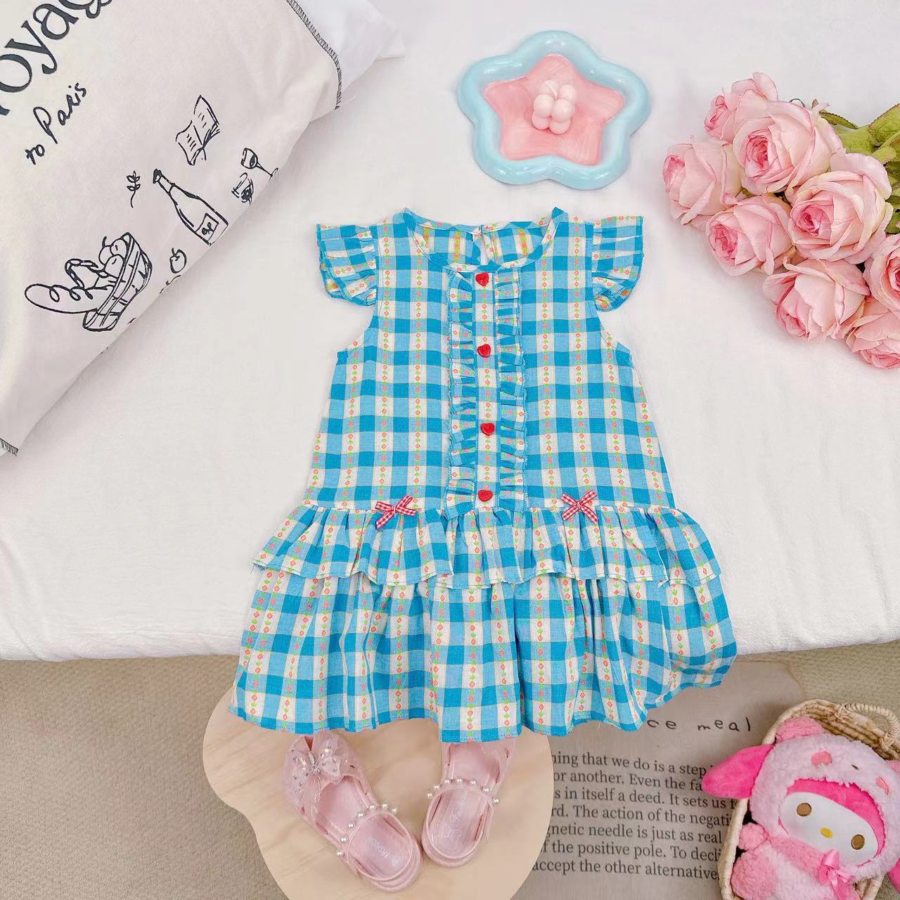 夏季韩版洋气小飞袖格子花边女童公主裙 D-AB475