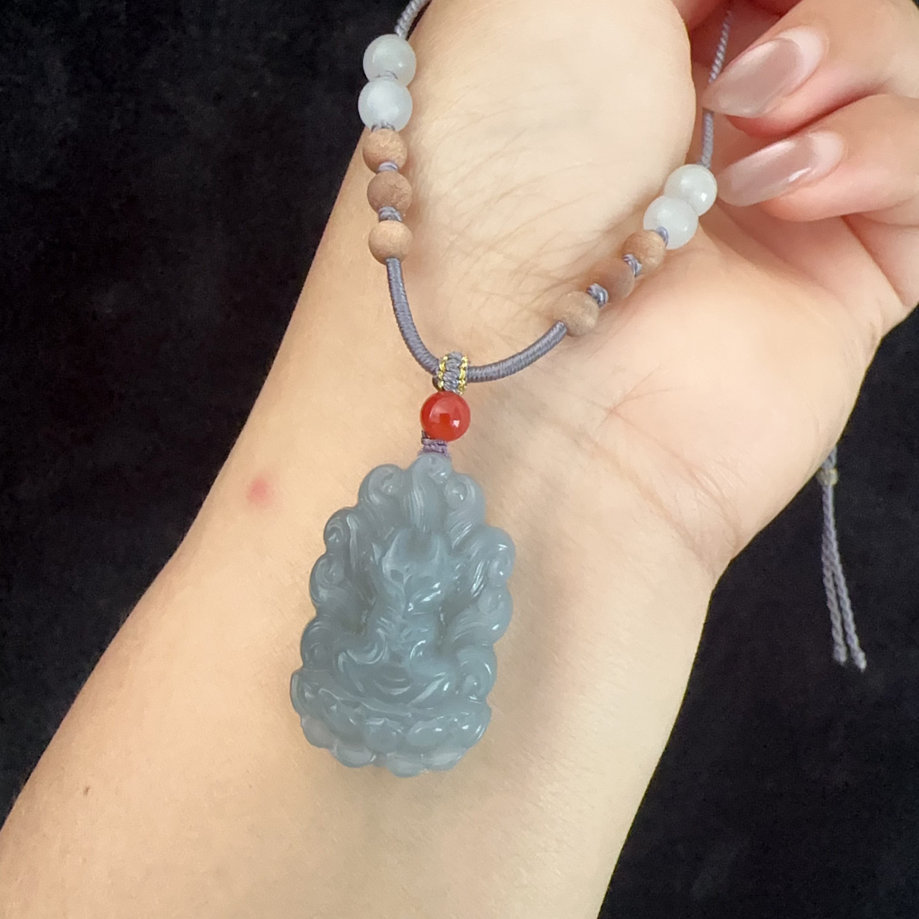 天然和田玉烟紫凤九狐仙精美吊坠项链