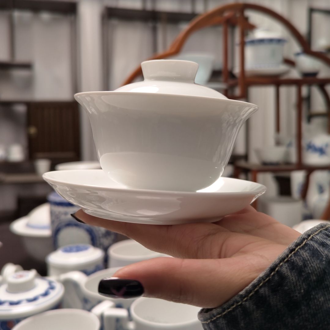 陶瓷纯白无玲珑三才盖碗一套