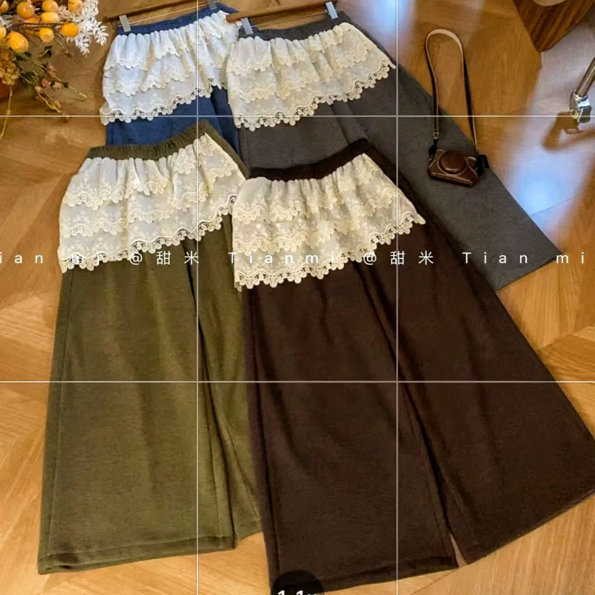 冬季宽松加厚重工蕾丝高腰阔腿加绒休闲裤