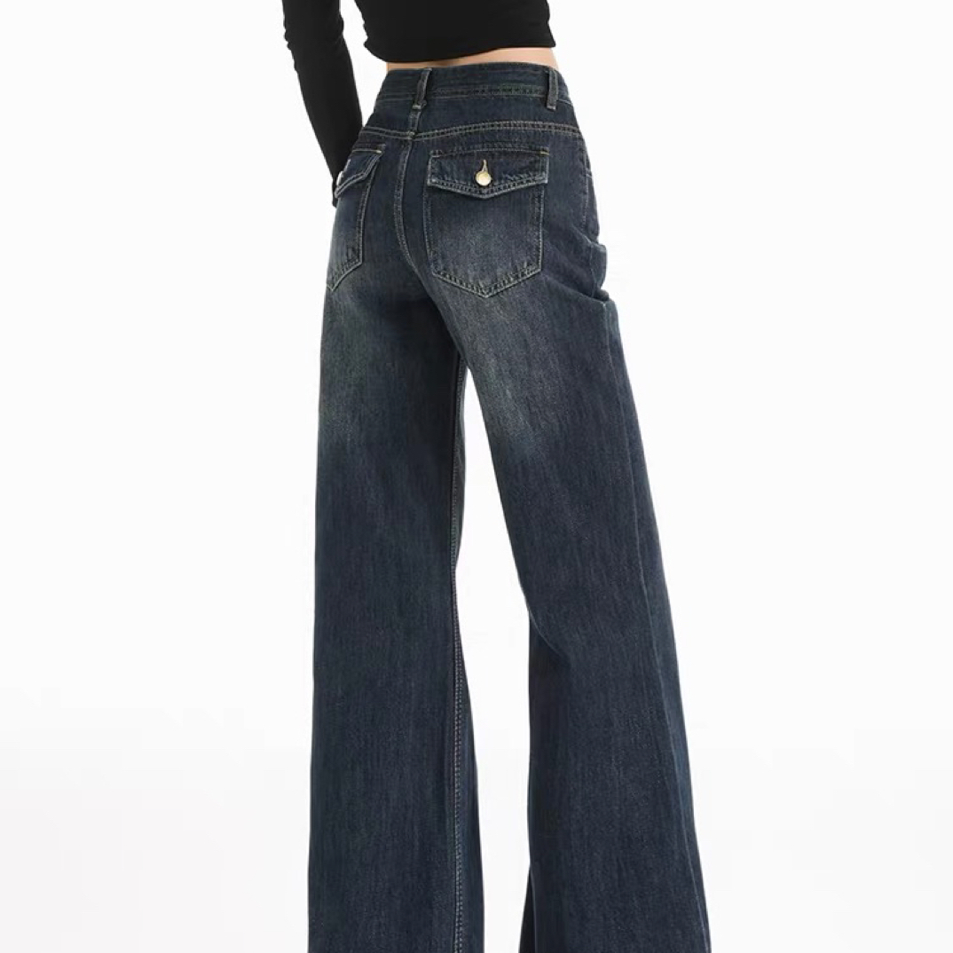 美式高街复古牛仔裤女2025秋冬新款显瘦百搭后翻盖口袋牛仔裤微瑕