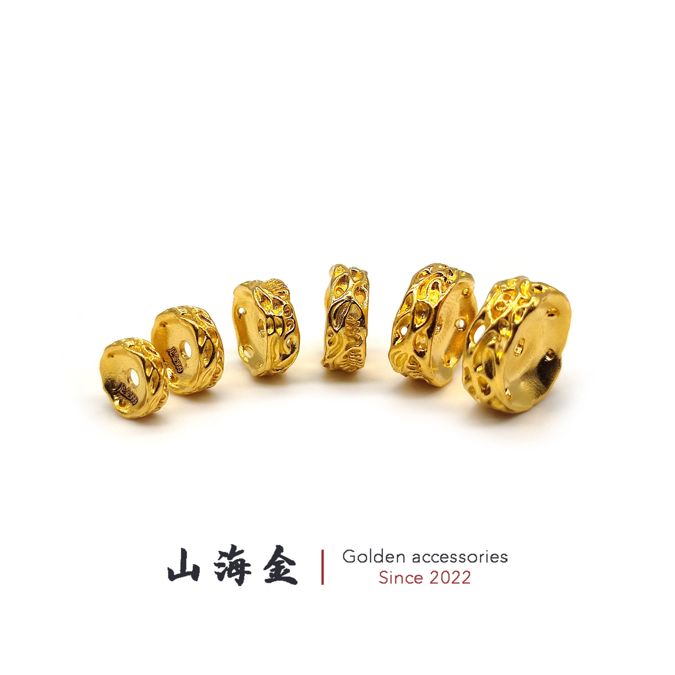 山海金 24K黄金999足金熔岩骨藤卡环卡子隔环文玩手串108单圈配饰