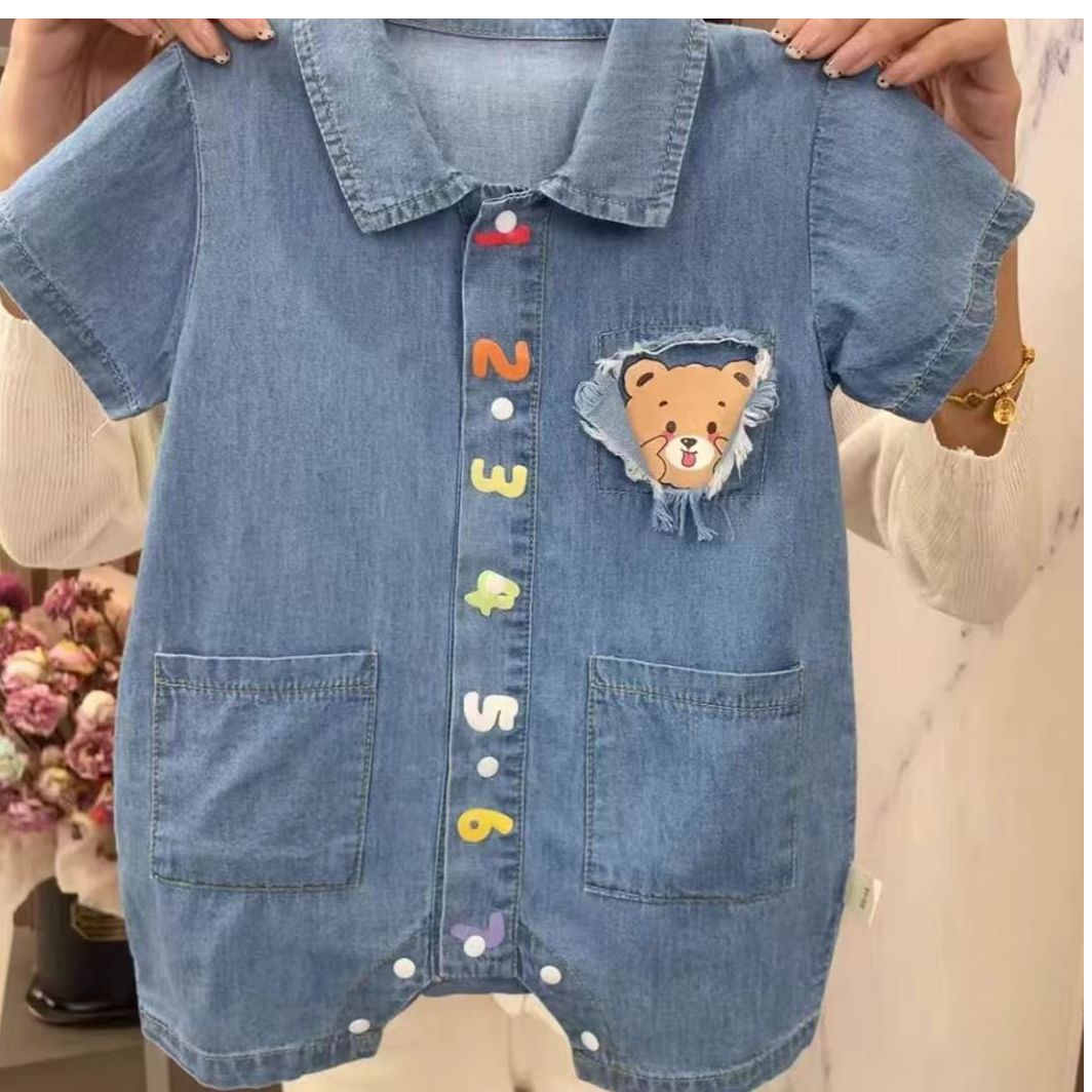 婴儿夏装牛仔衣服夏季薄款哈衣短袖男女宝宝连体衣爬服韩版