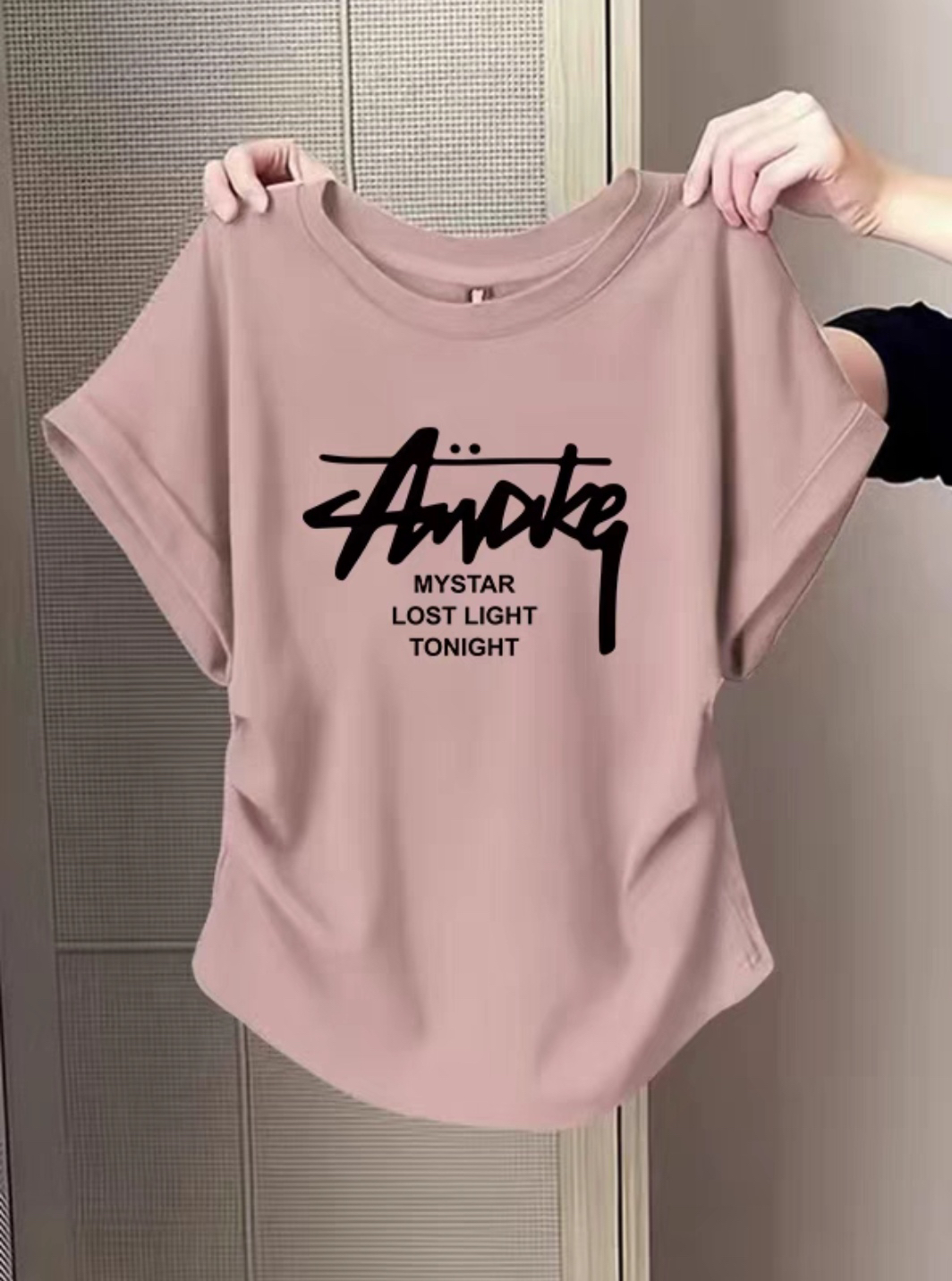 大码学生百搭短袖短款夏季藕粉女款褶皱T恤圆领