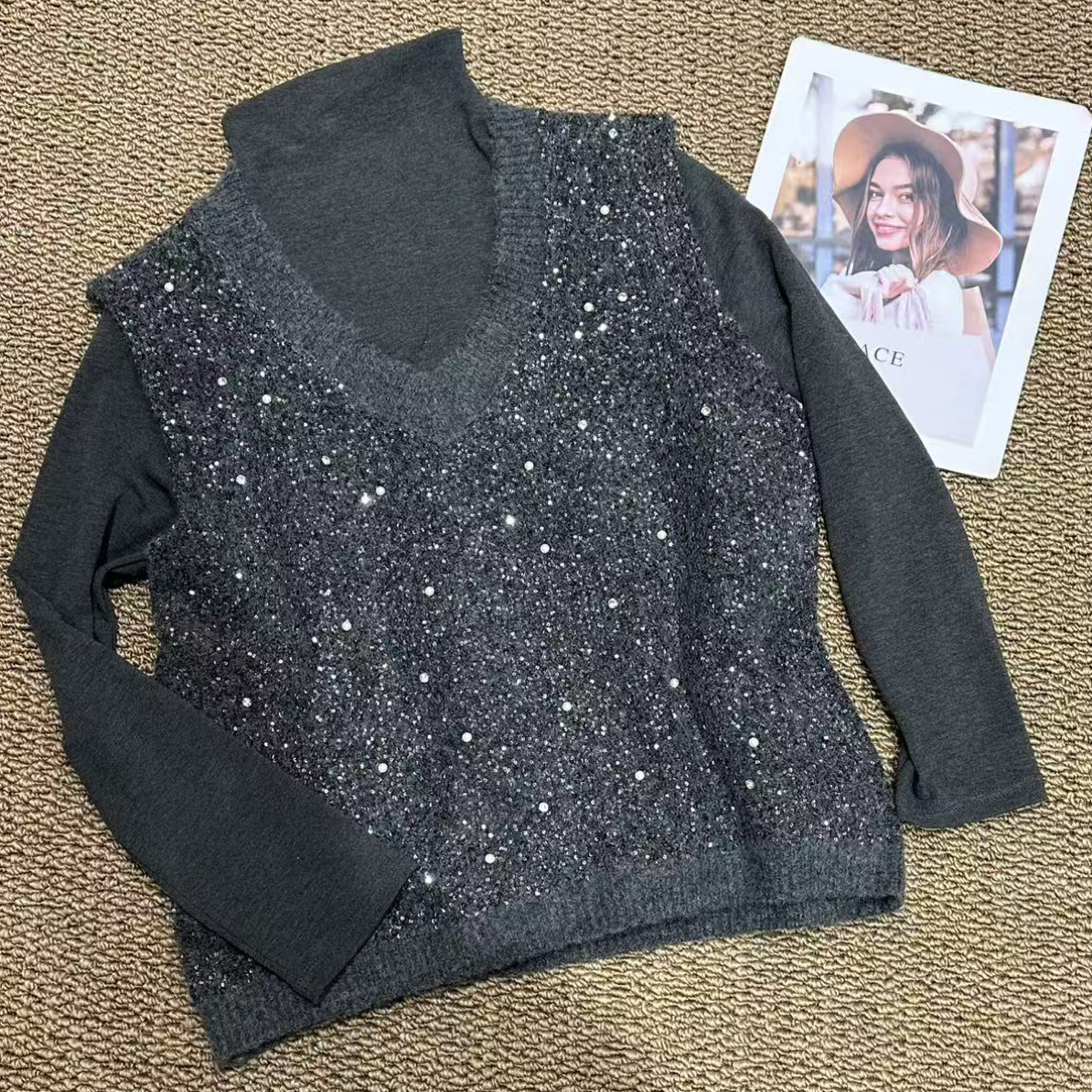 【慕.我们的店】韩系复古亮片针织马甲两件套