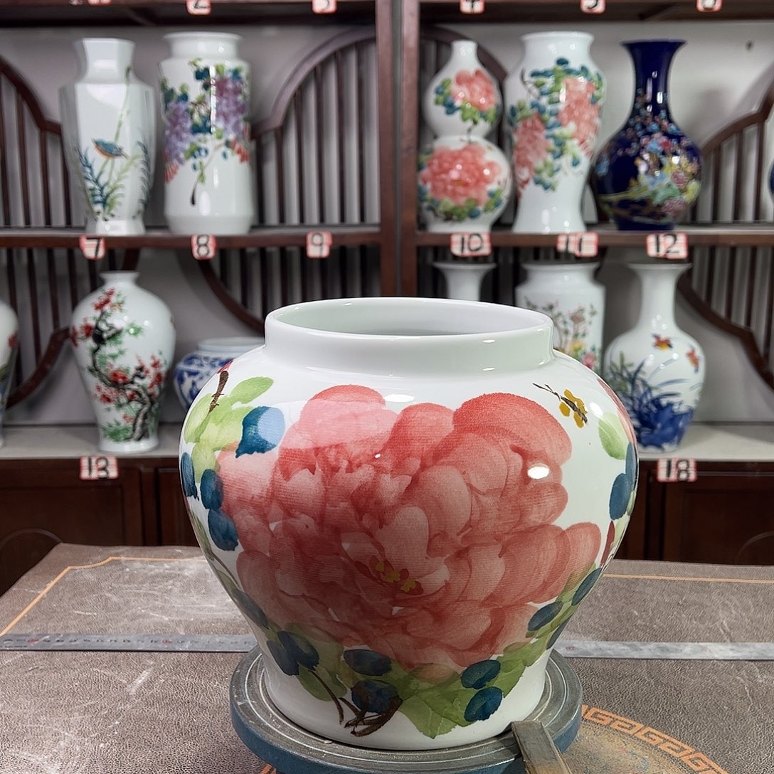 摆件陶景德镇陶瓷大口红牡花