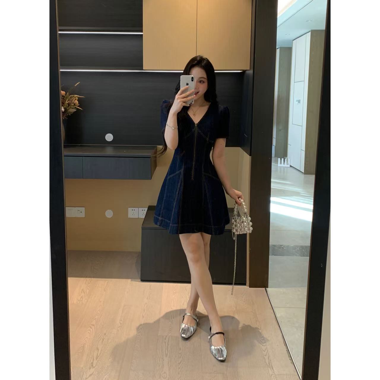 XINYI【气质丹宁】夏季V领原牛牛仔连衣裙收腰显瘦气质X625Q11448
