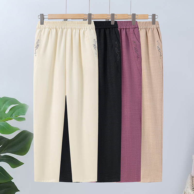夏季新款百搭女裤松紧腰直筒裤中老年妈妈裤宽松薄款高腰休闲裤子