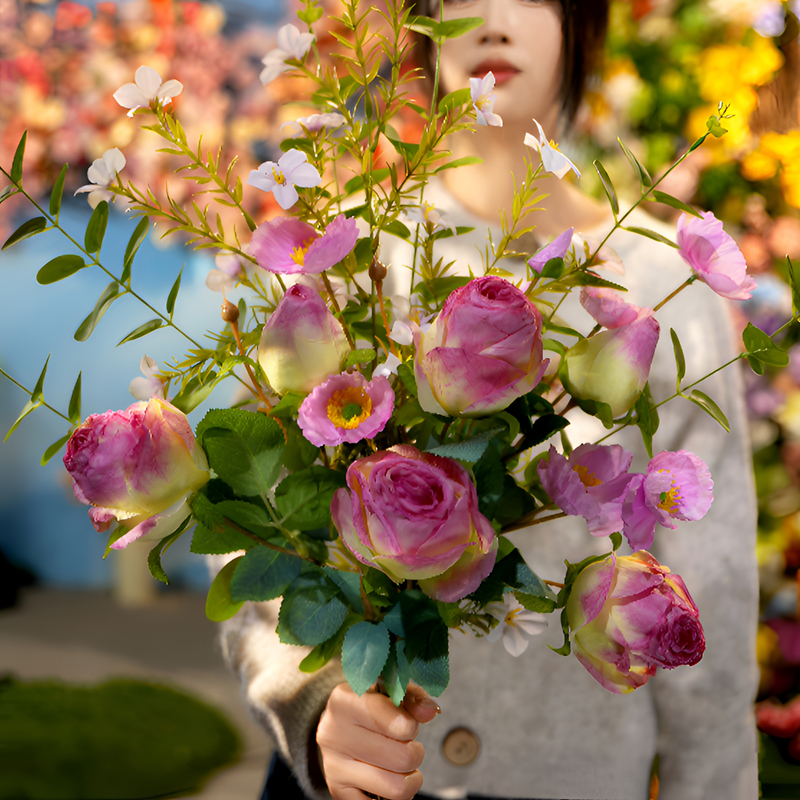 （熏衣草)花束粉紫色系仿真玫瑰花束套装莫奈花园假花家居拍摄装