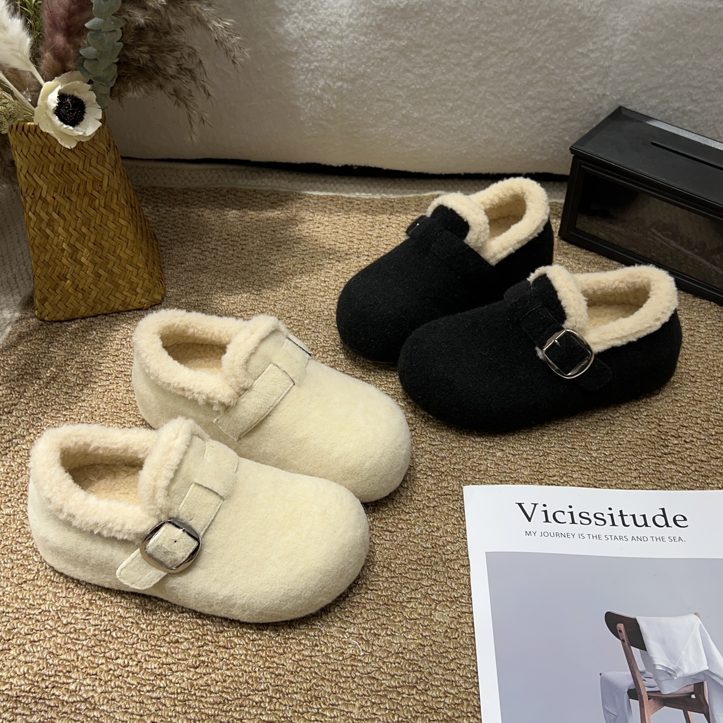 【豆豆】复古保暖毛呢子加绒勃肯鞋女2025新款冬季一脚蹬平底博肯