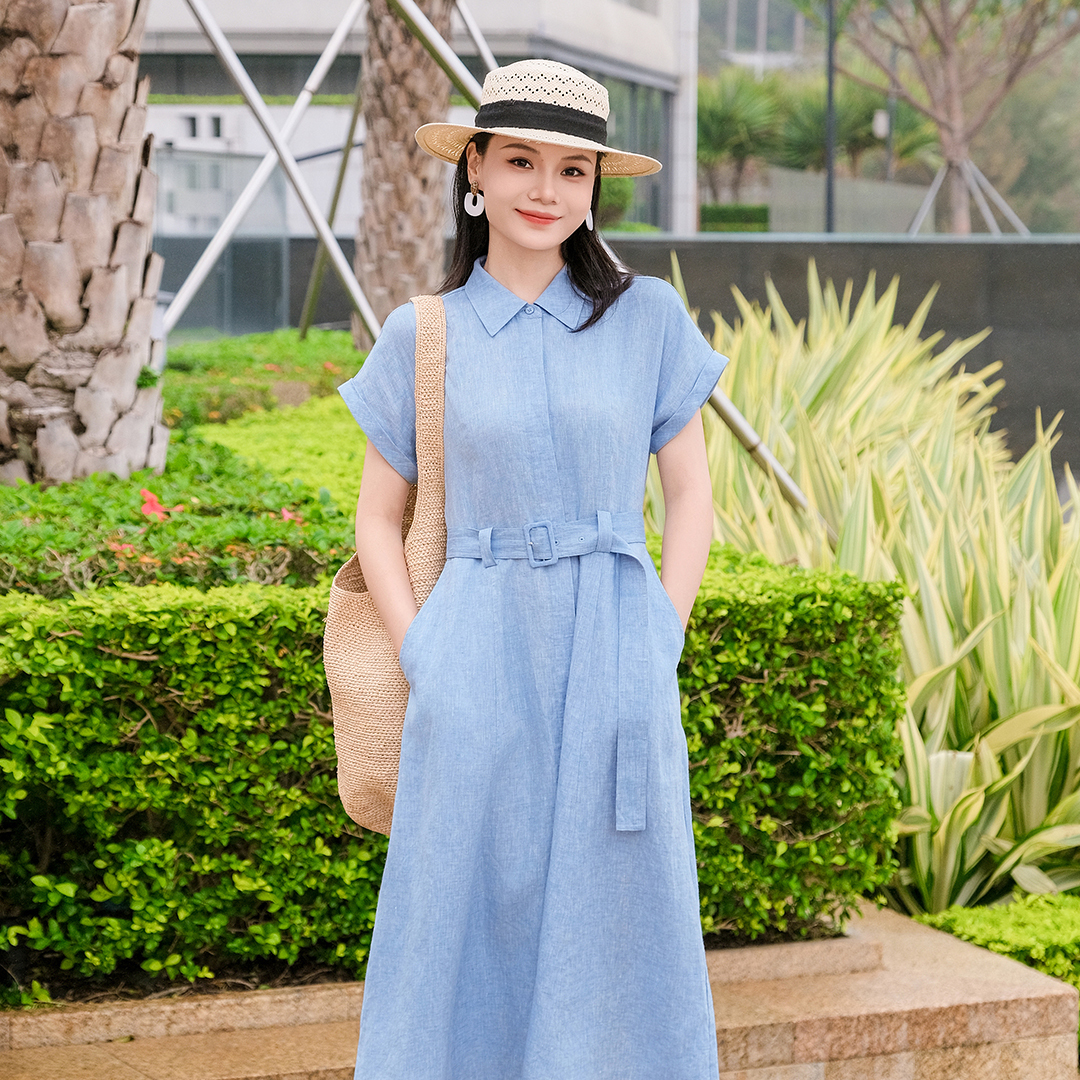 谭飞【科莫湖亚麻连衣裙】夏季新款蓝色舒适气质简约裙子女