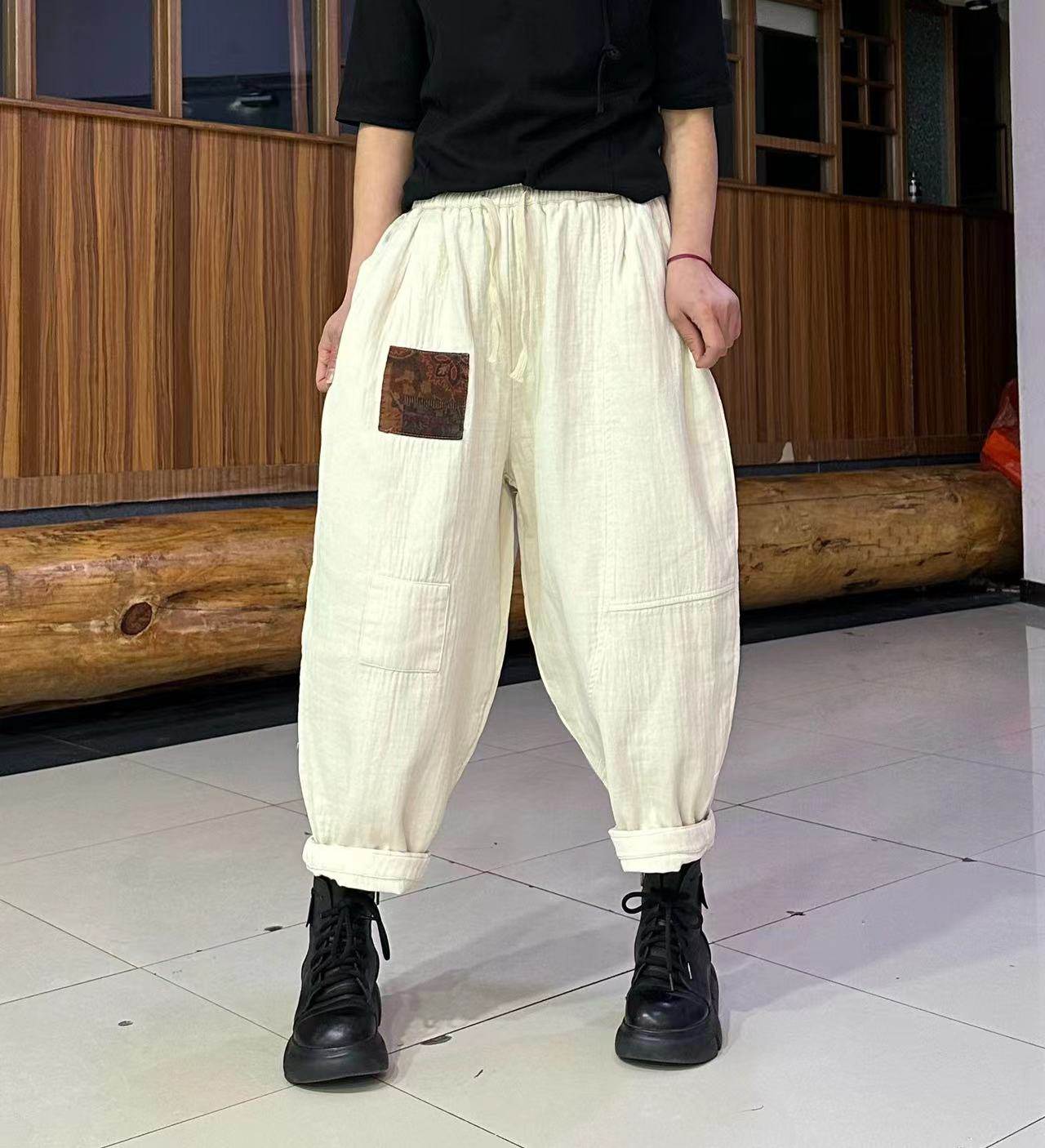 加厚显瘦宽松休闲复古贴布汉麻老爹裤百搭休闲裤