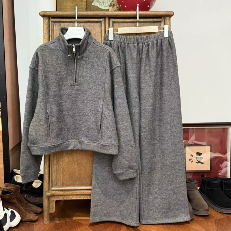 MYL 2024年秋冬新款聚酯浅灰时尚套装半拉链卫衣松紧腰裤套装