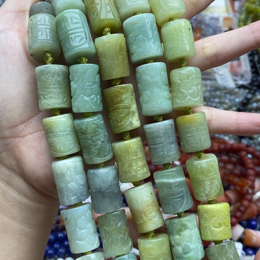 玛瑙/玉髓未镶嵌珠宝半成品两个装纯天然老袖玉雕刻桶珠