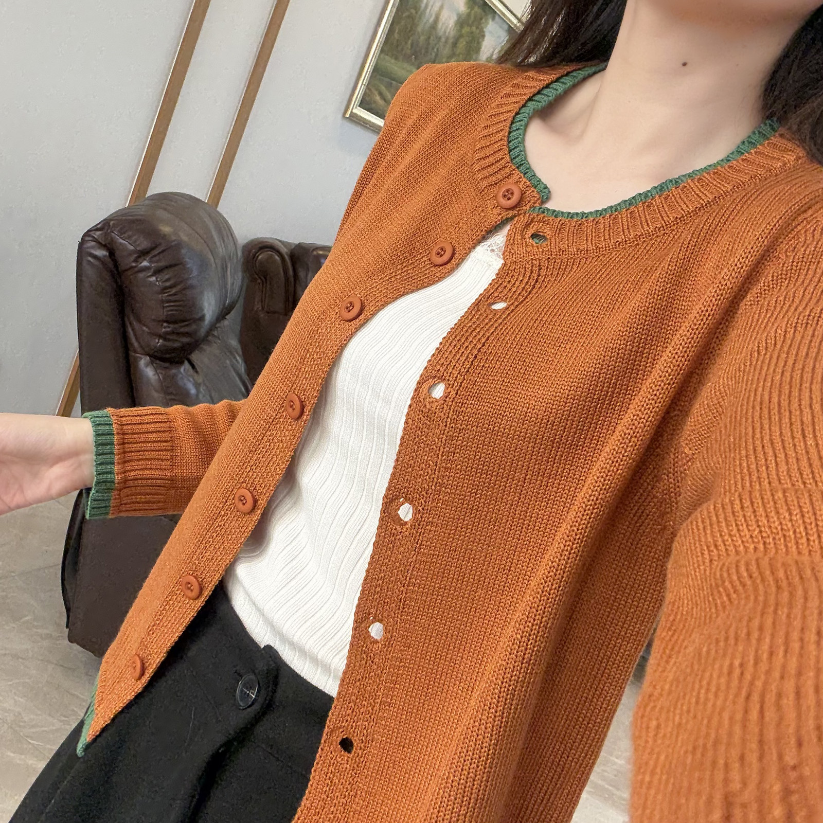 针织长袖秋冬季女拼色圆领毛针织衫棉线开衫针织衫纯色双领上衣