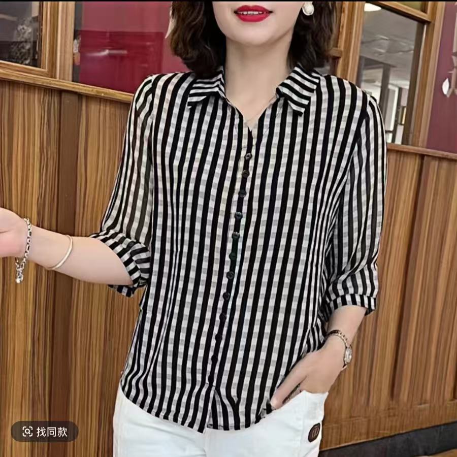 夏季薄款妈妈装套头七分袖衬衫翻领竖条纹洋气百搭宽松中袖小衫