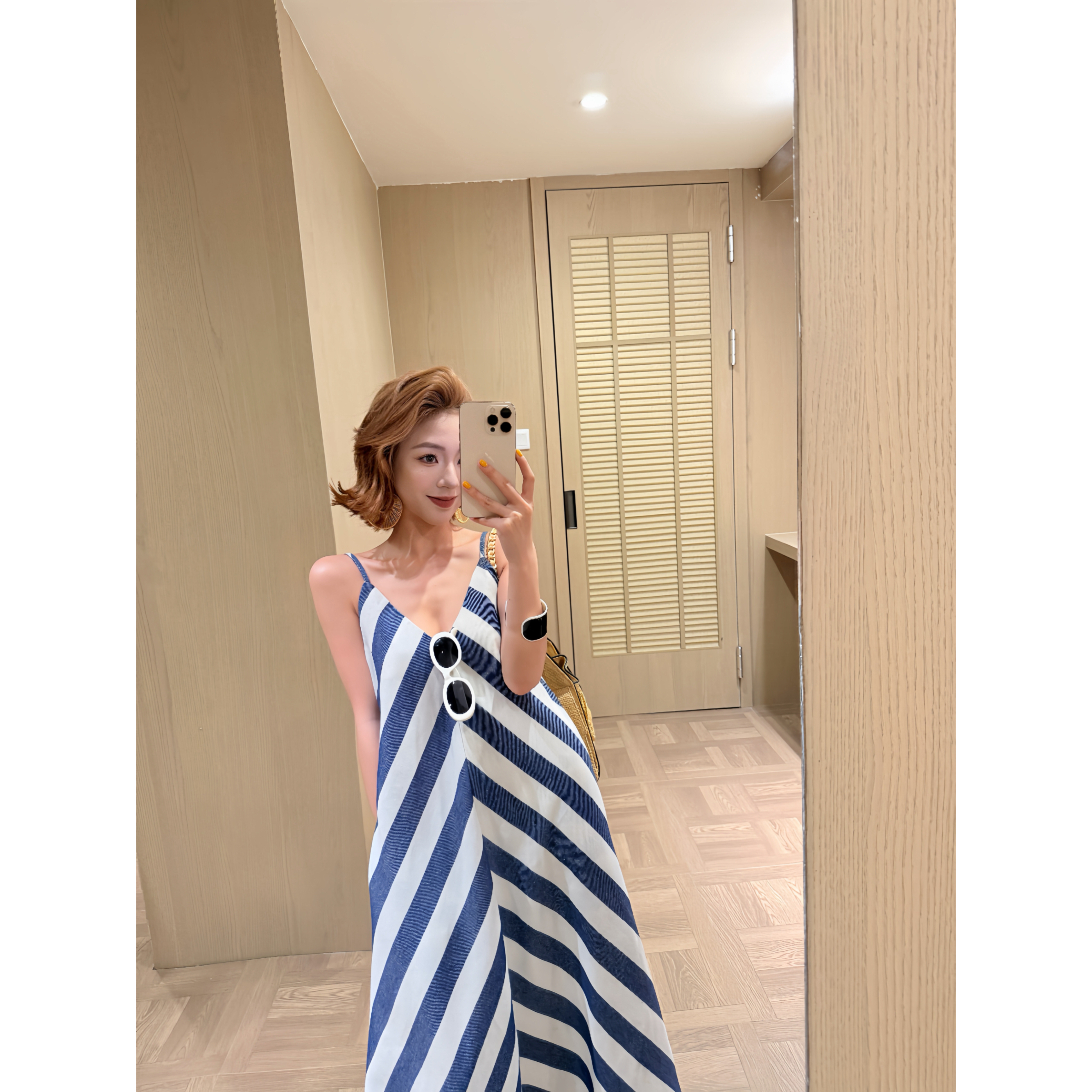 【娇娇私服定制】新款休闲宽松条纹斜纹吊带连衣裙（裙长120）42233